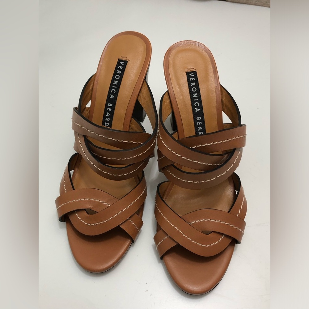Veronica Beard Macey Vachetta Stich Leather Heel Sandals Sz 39.5 - Picture 5 of 9